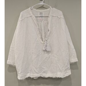 Johnny Was White Cotton Embroidered Pocket Tunic Top Size Small